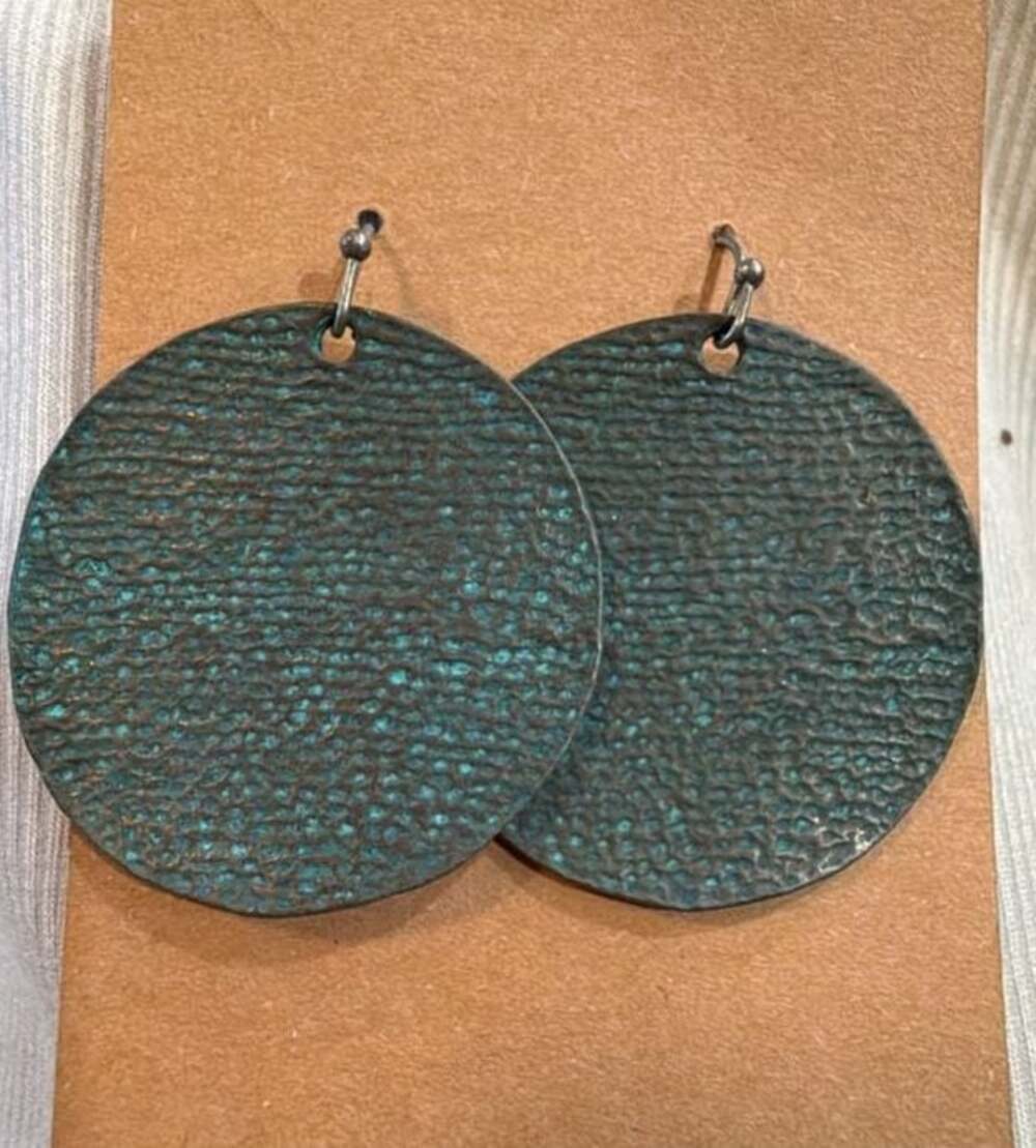 Textured Round Patina Metal Circle Dangle Earrings